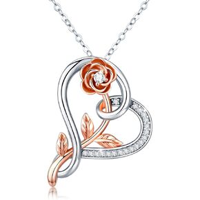 Rose Heart Necklace 925 Sterling Silver Rose Gold Plated Heart Pendant Necklaces Valentine's Day Jewelry Gifts for Her Mom Wife