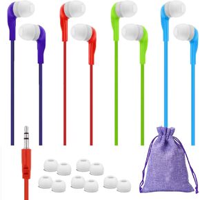 4 Pack Earbuds Headphones Ear Earphones Multicolor Buds Wired Kids Phone Classroom School Plug Set audifonos Player Headset Computer Small Bud Jack Class Tablet Laptop Travel Airplane Plane Flight