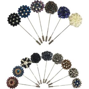 USIX 6/9/15PC Pack-Handmade Men's Lapel Pin Rhinestone Crystal Flower Decor Boutonniere Pin for Suit Wedding Groom Groomsmen Brooch Rose Boutonniere
