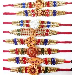 Alpha Home Goods Rakhi for brother | Rakhee Bracelet on Festival of Raksha Bandhan for Brothers| Made-by fine Threads Rudraksha Kundan Multicolored Stone and Small White Beads