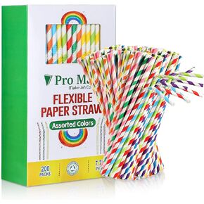 Pro Mael Paper Drinking Straws, Flexible Straws for Juices, Shakes, Smoothies, Disposable Straw for Birthdays, Weddings & Party (200 Pack, 5 Colors)