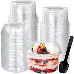 50 Pack 12oz Disposable Clear Plastic Cups,PET Dessert Cups with Lids and Spoons,Disposable Snack Bowls for Cupcake,Pudding,Snacks,Yogurt,ParfaitFruits,Mousse