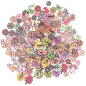 200 Pcs Cute Cartoon Wooden Buttons,Wooden Leaf Buttons Assorted Design 2 Holes Mixed Animal/Flowers/Trees/Wood Button for Sewing Crafts DIY Decoration and Clothing