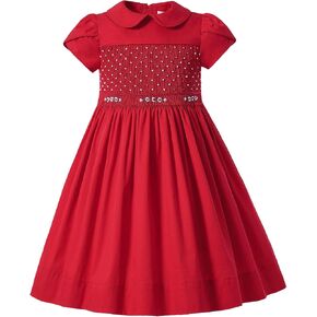 Pettigirl Girls Christmas Embroidery Short Sleeve Smock Clothing Birthday Party Fancy Toddler Red Casual Smocked Dresses