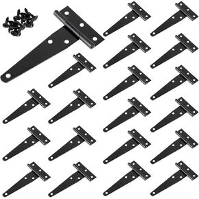 20 Pack 4 Inch Black T-Strap Hinge Bulk, Heavy Duty Iron Barn Door Hinges with Screws, T Strap Shed Door Hinges for Wooden Door, Window, Fence