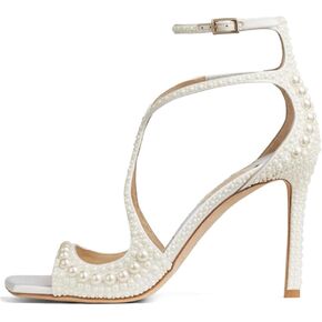 Goolita Womens Peep Toe Stiletto Heeled Sandals Shiny Pearl Buckle Ankle Strap Wedding Pumps Dress Evening Bride Bridal Shoes
