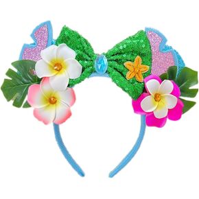 YOWOCAL Flower Mouse Ear Headband,Sequin Mouse Ear Hair hoop for Hawaii Ocean Luau Party Halloween Costume Cosplay Decor