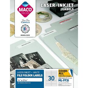 MACO Laser/Ink Jet White File Folder Labels, 2/3" x 3-7/16", 30 per Sheet, 1500 per Box (ML-FF31)