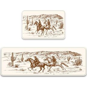 Western Kitchen Rugs Sets 2 Piece,Country Theme of American Wild West Desert Cowboy Comfort Mat Cushioned Floor Mats Washable Doormat Anti Fatigue Non-Slip Bathroom Runner Rugs Bedroom Area Carpet