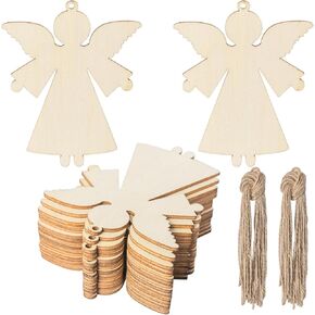 Angel Shape Wooden Christmas Blank Wood with Twines Art Unfinished Ornaments for Christmas Wedding Birthday Party Christmas Thanksgiving Day Decoration 20Pcs