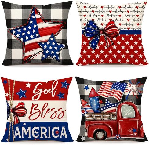 4th of July Throw Pillow Covers 18 x 18 Inch Set of 4, Patriotic Stars God Bless America Summer Farmhouse Holiday Independence Memorial Day Cushion Case for Home Sofa Couch Decoration TH201 in Kuwait