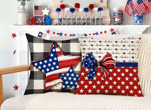 4th of July Throw Pillow Covers 18 x 18 Inch Set of 4, Patriotic Stars God Bless America Summer Farmhouse Holiday Independence Memorial Day Cushion Case for Home Sofa Couch Decoration TH201 in Kuwait