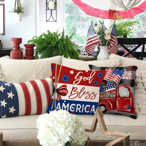 4th of July Throw Pillow Covers 18 x 18 Inch Set of 4, Patriotic Stars God Bless America Summer Farmhouse Holiday Independence Memorial Day Cushion Case for Home Sofa Couch Decoration TH201 in Kuwait