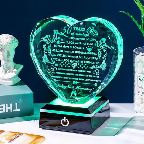 YWHL هدايا كريستال للذكرى الخمسين للزفاف للآباء والأزواج مع تذكارات قلب بقاعدة LED منقوشة بالليزر هدية لوحة الذكرى الخمسين السعيدة للزوج والزوجة 50 عامًا من هدايا الزواج لها in Kuwait