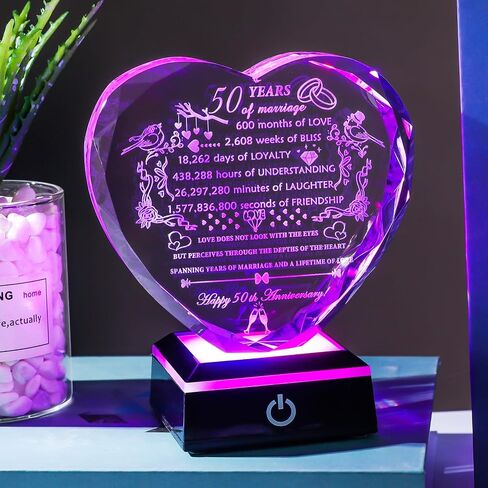 YWHL هدايا كريستال للذكرى الخمسين للزفاف للآباء والأزواج مع تذكارات قلب بقاعدة LED منقوشة بالليزر هدية لوحة الذكرى الخمسين السعيدة للزوج والزوجة 50 عامًا من هدايا الزواج لها in Kuwait