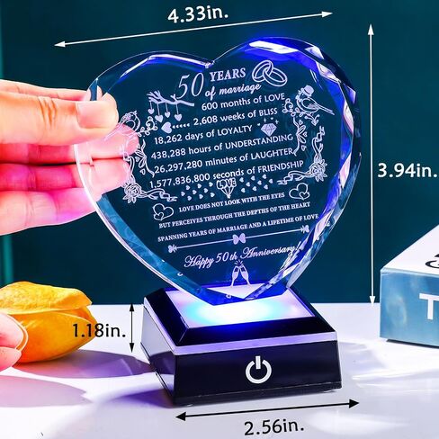 YWHL هدايا كريستال للذكرى الخمسين للزفاف للآباء والأزواج مع تذكارات قلب بقاعدة LED منقوشة بالليزر هدية لوحة الذكرى الخمسين السعيدة للزوج والزوجة 50 عامًا من هدايا الزواج لها in Kuwait