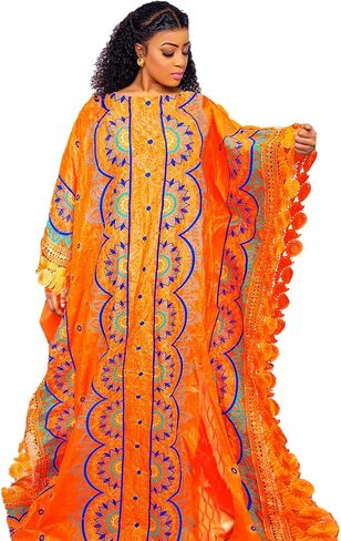 African Long Dress Nigerian Women Dashiki Robe for Wedding Party Plus Size Gowns Mali Basin Brocade Embroidery Clothing Orange in Saudi Arabia