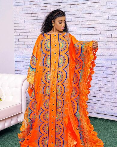 African Long Dress Nigerian Women Dashiki Robe for Wedding Party Plus Size Gowns Mali Basin Brocade Embroidery Clothing Orange in Saudi Arabia