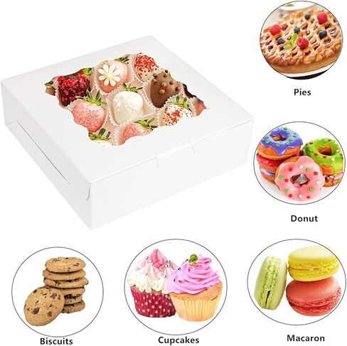 30 عبوة من علب الفطائر البيضاء مع نافذة مقاس 8 × 8 × 2.5 بوصة، وصناديق المخبوزات، وصناديق البسكويت، وصناديق المكافآت الورقية، وصناديق المعجنات، وصناديق الحلوى للكعك والفراولة والدونات والكعك والمعكرون in Kuwait