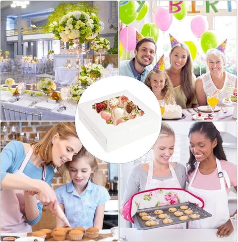 30 عبوة من علب الفطائر البيضاء مع نافذة مقاس 8 × 8 × 2.5 بوصة، وصناديق المخبوزات، وصناديق البسكويت، وصناديق المكافآت الورقية، وصناديق المعجنات، وصناديق الحلوى للكعك والفراولة والدونات والكعك والمعكرون in Kuwait