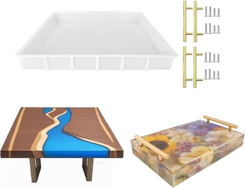 قوالب سيليكون مستطيلة من الراتنج مقاس 16 × 12 بوصة قالب إيبوكسي لطاولة النهر، وألواح التقطيع، وصواني التقديم، وطبق الجبن (مع مقابض 4 قطع) in Kuwait