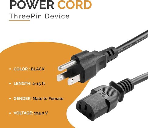 3 Prong 2ft Computer Power Cord, NEMA 5-15P, C13, 125V 10A, 18AWG, Durable Replacement Monitor Power Cord, PC Power Supply Cable, Black AC Power Cord UL Listed in Saudi Arabia