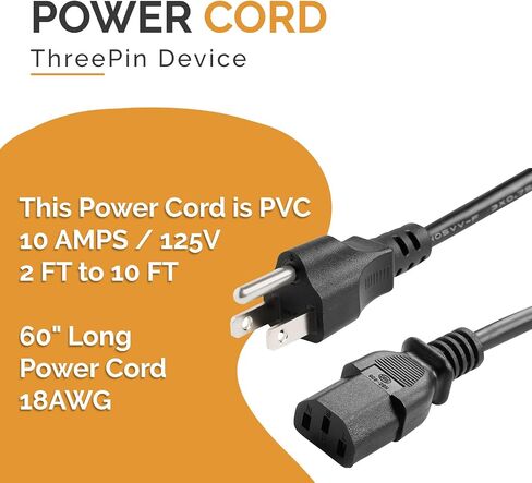3 Prong 2ft Computer Power Cord, NEMA 5-15P, C13, 125V 10A, 18AWG, Durable Replacement Monitor Power Cord, PC Power Supply Cable, Black AC Power Cord UL Listed in Saudi Arabia