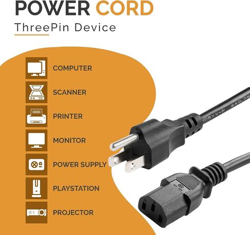 3 Prong 2ft Computer Power Cord, NEMA 5-15P, C13, 125V 10A, 18AWG, Durable Replacement Monitor Power Cord, PC Power Supply Cable, Black AC Power Cord UL Listed in Saudi Arabia