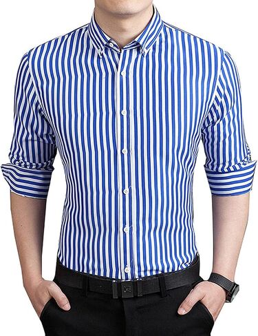Men's Long Sleeve Dress Shirts Casual Business Vertical Striped Button Down Slim Fit Shirts in Kuwait