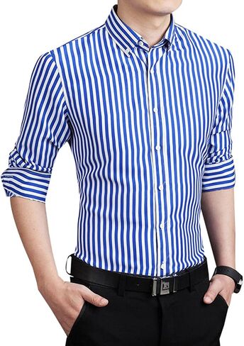 Men's Long Sleeve Dress Shirts Casual Business Vertical Striped Button Down Slim Fit Shirts in Kuwait