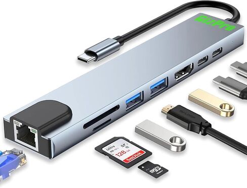 USB-C HUB, 8 in 1 USB-C hub with 4K HDMI, 100W PD, USB-C Port, USB 3.0, RJ45 Ethernet, SD/TF Card Reader, Docking Station Compatible with MacBook Pro/Air, USB-C Laptops and Other Type C Devices in Saudi Arabia