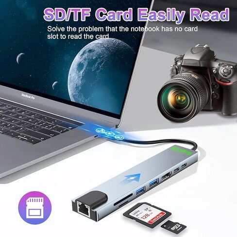 USB-C HUB, 8 in 1 USB-C hub with 4K HDMI, 100W PD, USB-C Port, USB 3.0, RJ45 Ethernet, SD/TF Card Reader, Docking Station Compatible with MacBook Pro/Air, USB-C Laptops and Other Type C Devices in Saudi Arabia