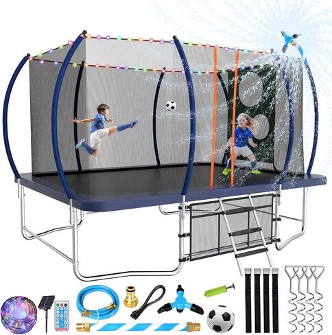 14FT 16FT Outdoor Rectangle Trampoline for Kids and Adults, Rectangular Trampoline with Curved Poles, Pumpkin Trampoline with Light, Sprinkler, Soccer and Storage Bag in Saudi Arabia