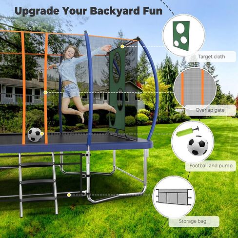14FT 16FT Outdoor Rectangle Trampoline for Kids and Adults, Rectangular Trampoline with Curved Poles, Pumpkin Trampoline with Light, Sprinkler, Soccer and Storage Bag in Saudi Arabia