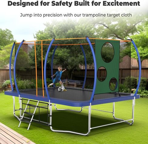 14FT 16FT Outdoor Rectangle Trampoline for Kids and Adults, Rectangular Trampoline with Curved Poles, Pumpkin Trampoline with Light, Sprinkler, Soccer and Storage Bag in Saudi Arabia