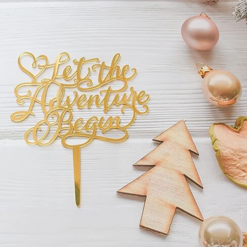 قطعة علوية للكيك من Let the Adventure Begin، زينة حفلات الزفاف بموضوع السفر، الوداع، التخرج، ديكور كعكة التقاعد، أكريليك، مرآة ذهبية in Kuwait
