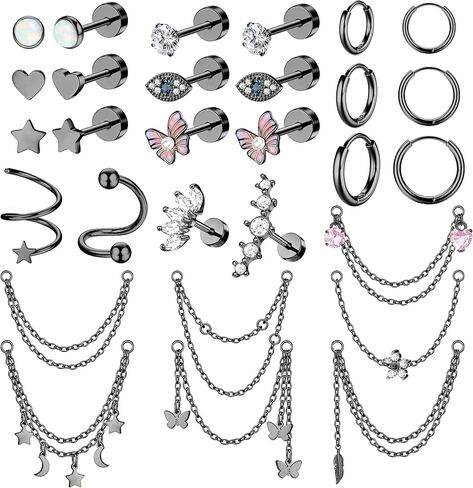Jstyle 20G Cartilage Earrings Set for Women Surgical Steel Small Huggie Hoop Earrings Flat Back Earrings Butterfly Moon Stars Chain Earrings Cartilage Helix Piercing Jewelry in Saudi Arabia