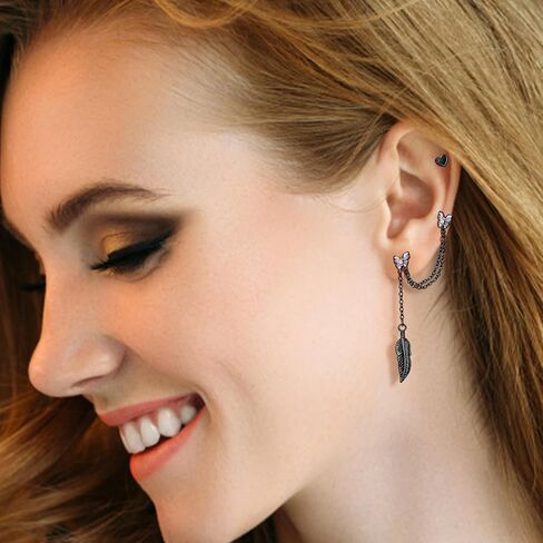 Jstyle 20G Cartilage Earrings Set for Women Surgical Steel Small Huggie Hoop Earrings Flat Back Earrings Butterfly Moon Stars Chain Earrings Cartilage Helix Piercing Jewelry in Saudi Arabia