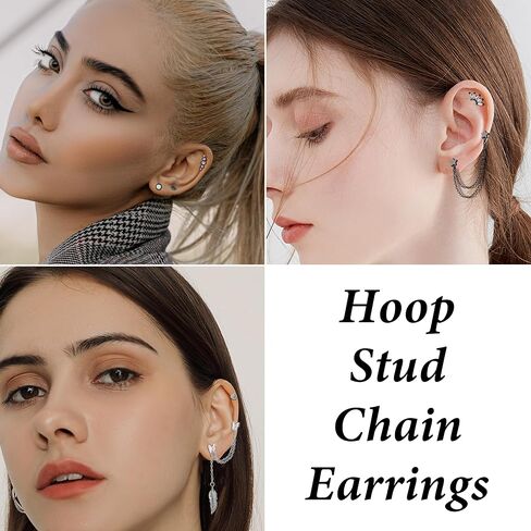 Jstyle 20G Cartilage Earrings Set for Women Surgical Steel Small Huggie Hoop Earrings Flat Back Earrings Butterfly Moon Stars Chain Earrings Cartilage Helix Piercing Jewelry in Saudi Arabia