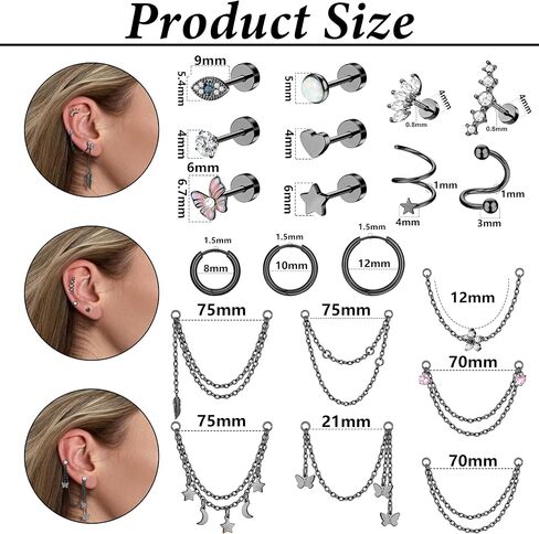 Jstyle 20G Cartilage Earrings Set for Women Surgical Steel Small Huggie Hoop Earrings Flat Back Earrings Butterfly Moon Stars Chain Earrings Cartilage Helix Piercing Jewelry in Saudi Arabia
