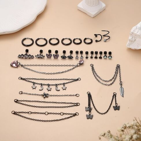 Jstyle 20G Cartilage Earrings Set for Women Surgical Steel Small Huggie Hoop Earrings Flat Back Earrings Butterfly Moon Stars Chain Earrings Cartilage Helix Piercing Jewelry in Saudi Arabia