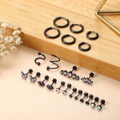 Jstyle 20G Cartilage Earrings Set for Women Surgical Steel Small Huggie Hoop Earrings Flat Back Earrings Butterfly Moon Stars Chain Earrings Cartilage Helix Piercing Jewelry in Saudi Arabia