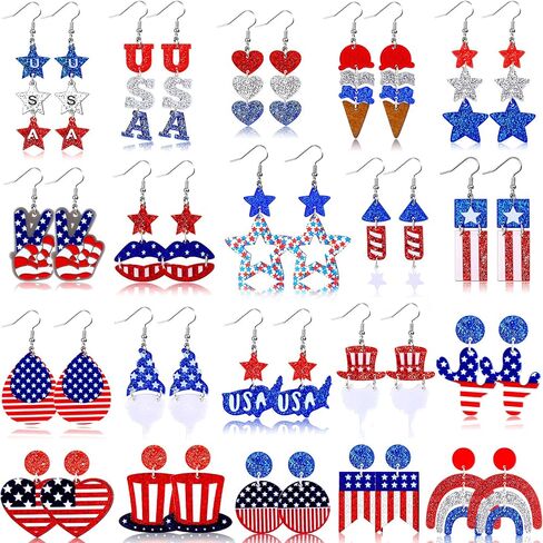 20 Pairs 4th of July Earrings Patriotic American Flag Earrings Red White Blue Star Dangle Bling Earrings Independence USA Jewelry Accessories for Women Girls Gift in Saudi Arabia