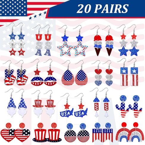 20 Pairs 4th of July Earrings Patriotic American Flag Earrings Red White Blue Star Dangle Bling Earrings Independence USA Jewelry Accessories for Women Girls Gift in Saudi Arabia