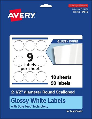 ملصقات صدفية مستديرة بيضاء لامعة من Avery مع تغذية مؤكدة، قطر 2.5 بوصة، 90 ملصقًا أبيض لامع، طباعة إلى الحافة، لاصق ملصق دائم، ملصقات قابلة للطباعة بالليزر/النافثة للحبر in Saudi Arabia