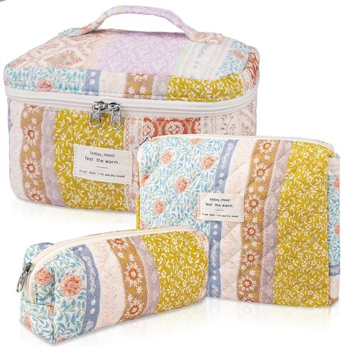 Makeup Bag Set, Quilted Makeup Bag, Large Floral Cosmetic Bag for Women, Cute Cotton Makeup Bag, Flower Travel Toiletry Organizer Bag(Color-Coded Floral) in Saudi Arabia