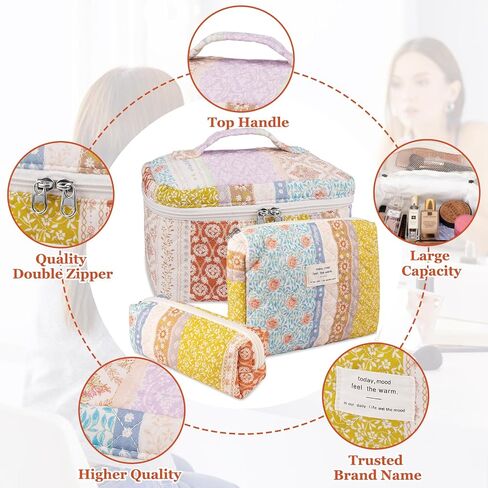 Makeup Bag Set, Quilted Makeup Bag, Large Floral Cosmetic Bag for Women, Cute Cotton Makeup Bag, Flower Travel Toiletry Organizer Bag(Color-Coded Floral) in Saudi Arabia