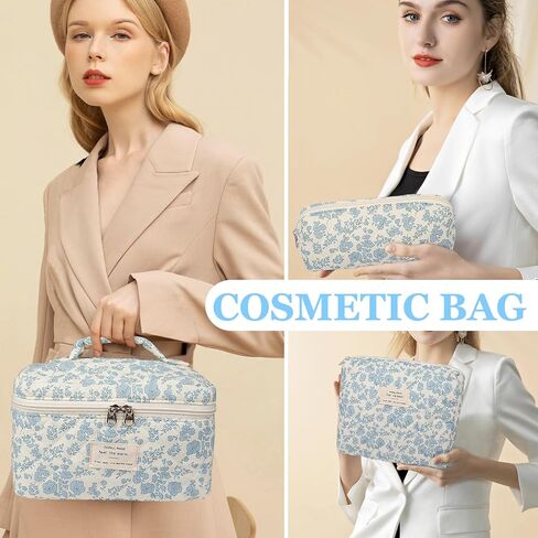 Makeup Bag Set, Quilted Makeup Bag, Large Floral Cosmetic Bag for Women, Cute Cotton Makeup Bag, Flower Travel Toiletry Organizer Bag(Color-Coded Floral) in Saudi Arabia