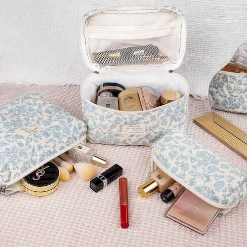 Makeup Bag Set, Quilted Makeup Bag, Large Floral Cosmetic Bag for Women, Cute Cotton Makeup Bag, Flower Travel Toiletry Organizer Bag(Color-Coded Floral) in Saudi Arabia