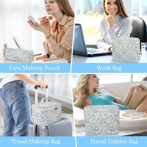 Makeup Bag Set, Quilted Makeup Bag, Large Floral Cosmetic Bag for Women, Cute Cotton Makeup Bag, Flower Travel Toiletry Organizer Bag(Color-Coded Floral) in Saudi Arabia